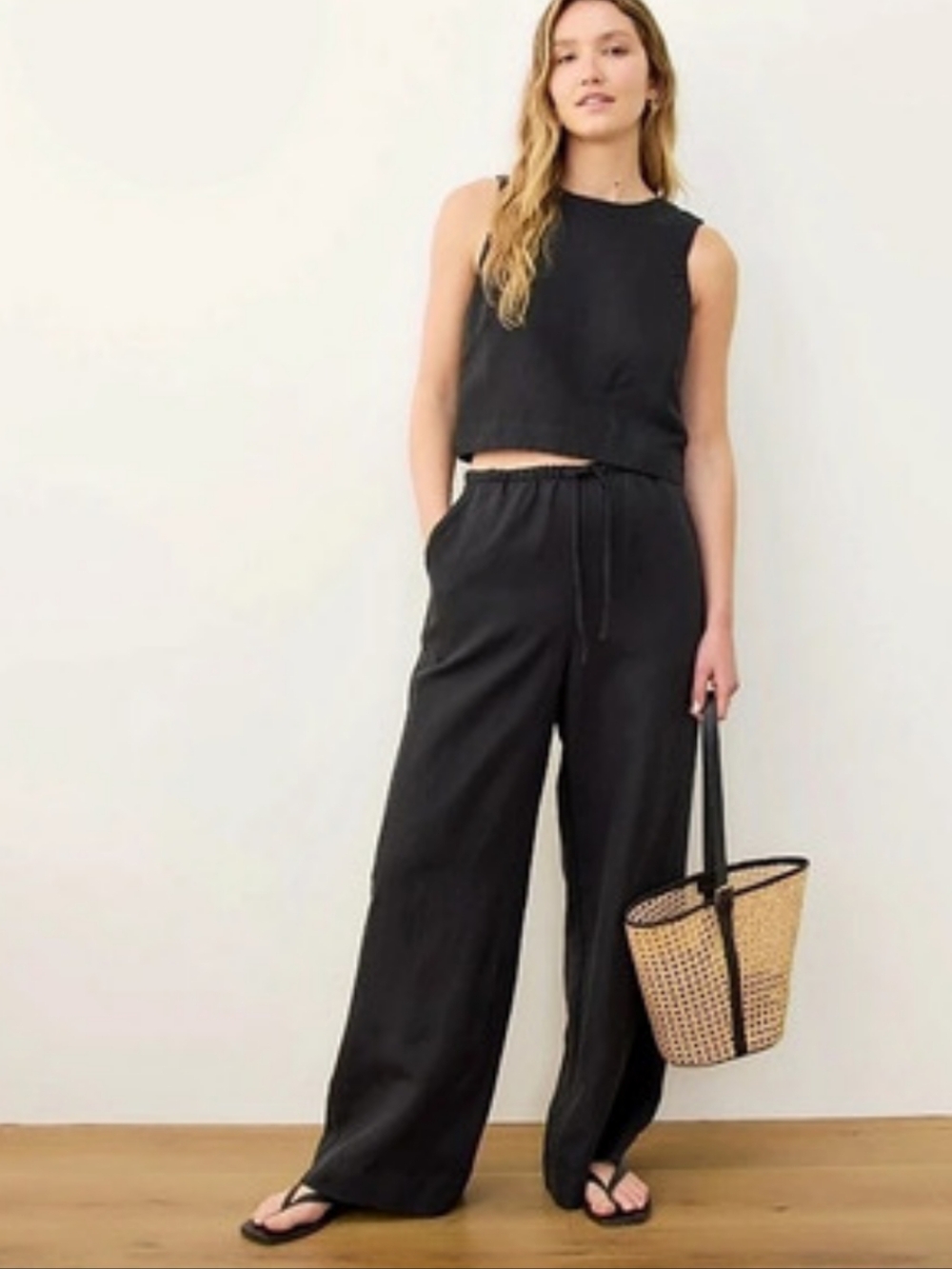 Marine Layer Linen Drawstring Wide Leg Pant Black Linen Pants Size L